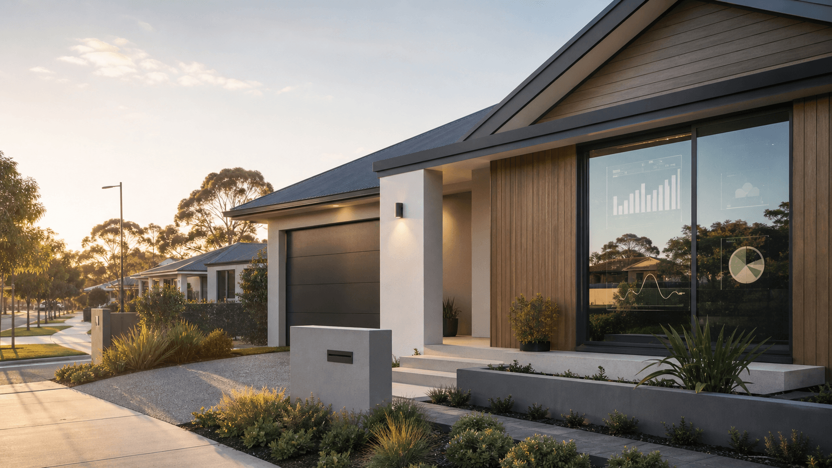 Modern Australian home with subtle market intelligence visuals